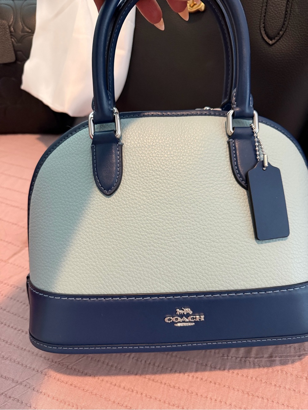 Coach Two-Tone Dome Satchel in Navy and Cream Pebbled Leather